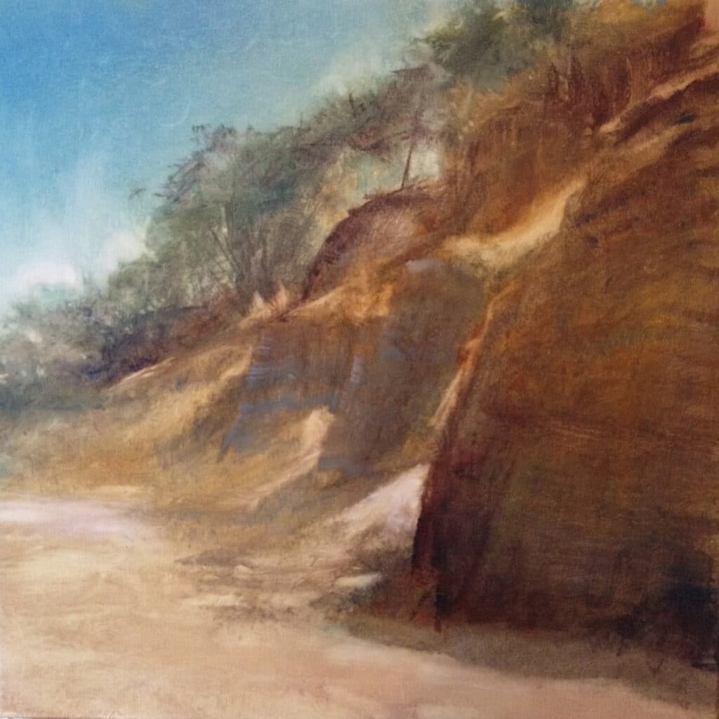 Painting of the dark, earthy cliffs on the beach with an aqua blue sky and wispy trees on the fringe of the cliffs.