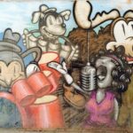 Street Art painting of a nostalgic singer with her band in artist Trent Call's signature cartoon style.