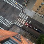 Photo of an intersection and cross walks taken from the 14th floor looking straight down in New York City