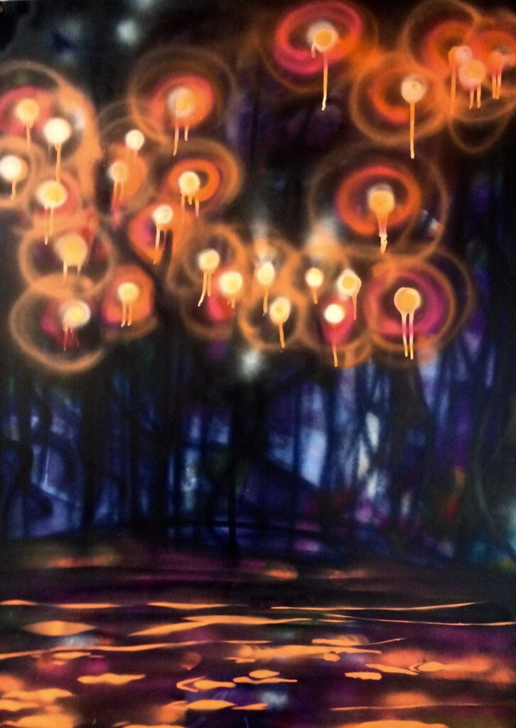 An original abstract oil painting on metal panel by artist Cynthia McLoughlin. Each glowing shot of color represents a soul lost in the Sandy Hook massacre.