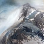 Oil painting on metal of a snow covered mountain.
