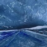 Oil on metal deep blue sky with swirling words and phrases over a tilted blue/grey road to infinity. cynthia mcloughlin © 2018