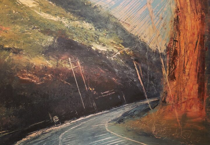 Oil on metal, mountain road curving around through the pass in summer with exposed orange/brown rock face and green mountain scrub.