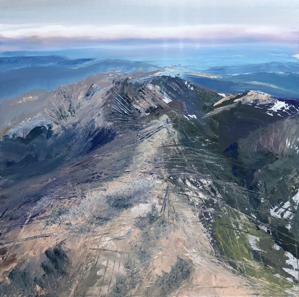 No Boundaries was inspired by the Northern California mountains. I like to paint from a birds eye view, there is something spiritual about being above it all, soaring through the sky, drifting on the currents of air. My hope is to bring a feeling of peace and calm to the viewer, helping them to realize we are all guardians of our beautiful planet. Boundaries separate us, we have to think globally to solve our environmental issues.