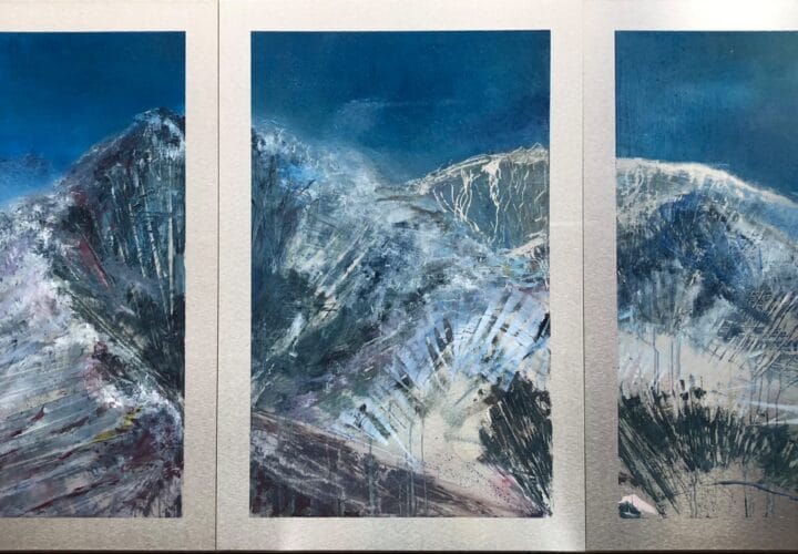 This three panel painting depicts the Wasatch Mountains in moonlight. I live in Park City, Utah, and am lucky enough to look at this beautiful mountain range from my studio. Day or night, it is ever inspiring to see the magnificence of our planet. I hope the viewer will feel calm, joy and a bit of mystery in the moonlight, contemplating how we can all preserve and enhance our planet.