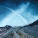 Oil on metal by Cynthia McLoughlin, deep blue sky over a tilted blue/grey road to infinity.