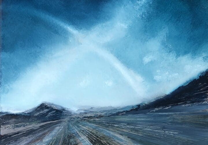 Oil on metal by Cynthia McLoughlin, deep blue sky over a tilted blue/grey road to infinity.