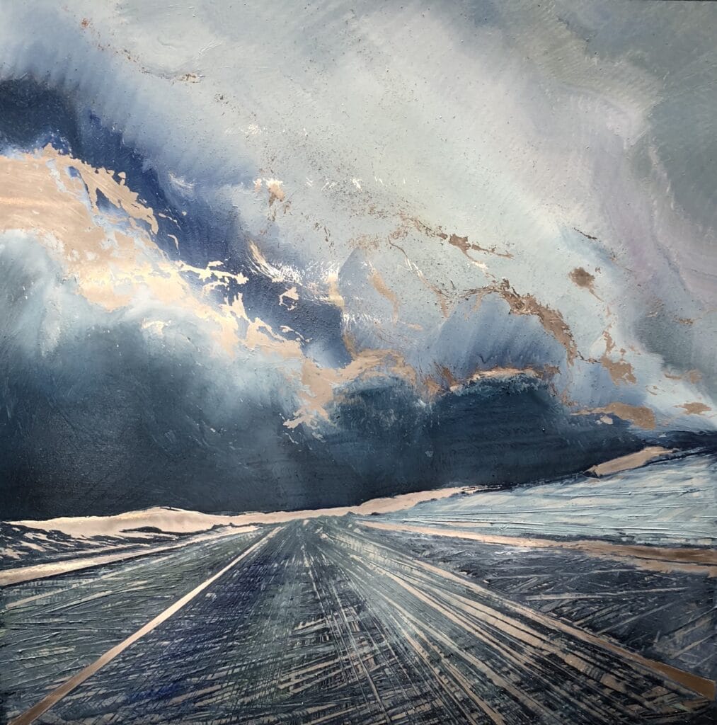 Oil on metal by Cynthia McLoughlin, deep blue sky with white clouds over a tilted blue/grey road to infinity.