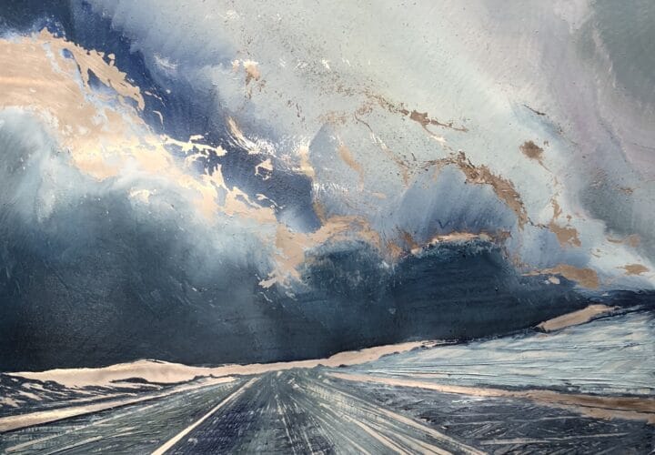 Oil on metal by Cynthia McLoughlin, deep blue sky with white clouds over a tilted blue/grey road to infinity.