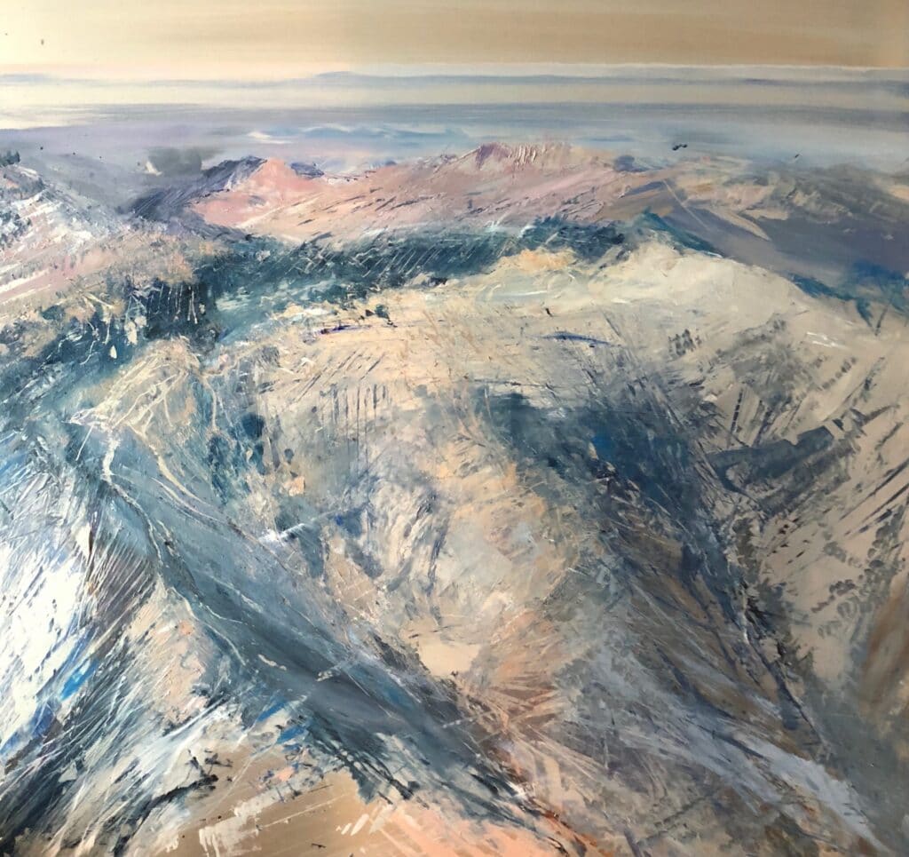 Oil painting on metal by Cynthia McLoughlin of blush colored mountain tops and blue horizon.