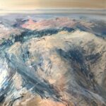 Oil painting on metal by Cynthia McLoughlin of blush colored mountain tops and blue horizon.