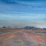 McLoughlin ©2018. Depicts a pink and orange runway heading straight for the blue mountains on the horizon with an aqua/blue sky.