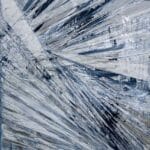 Abstract oil painting in blues and grey with metallic silver undertones by Cynthia McLoughlin in silver and blues.