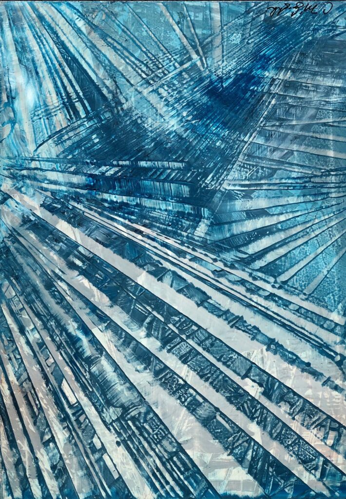 Abstract oil painting on metal in blue with exposed silver overlapping fan like hashmarks creating space.