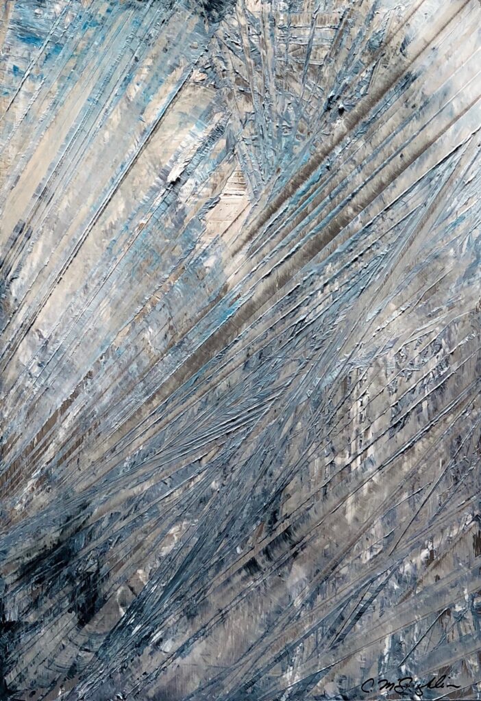 Abstract oil painting on metal in blue and white with exposed silver overlapping hashmarks creating space.