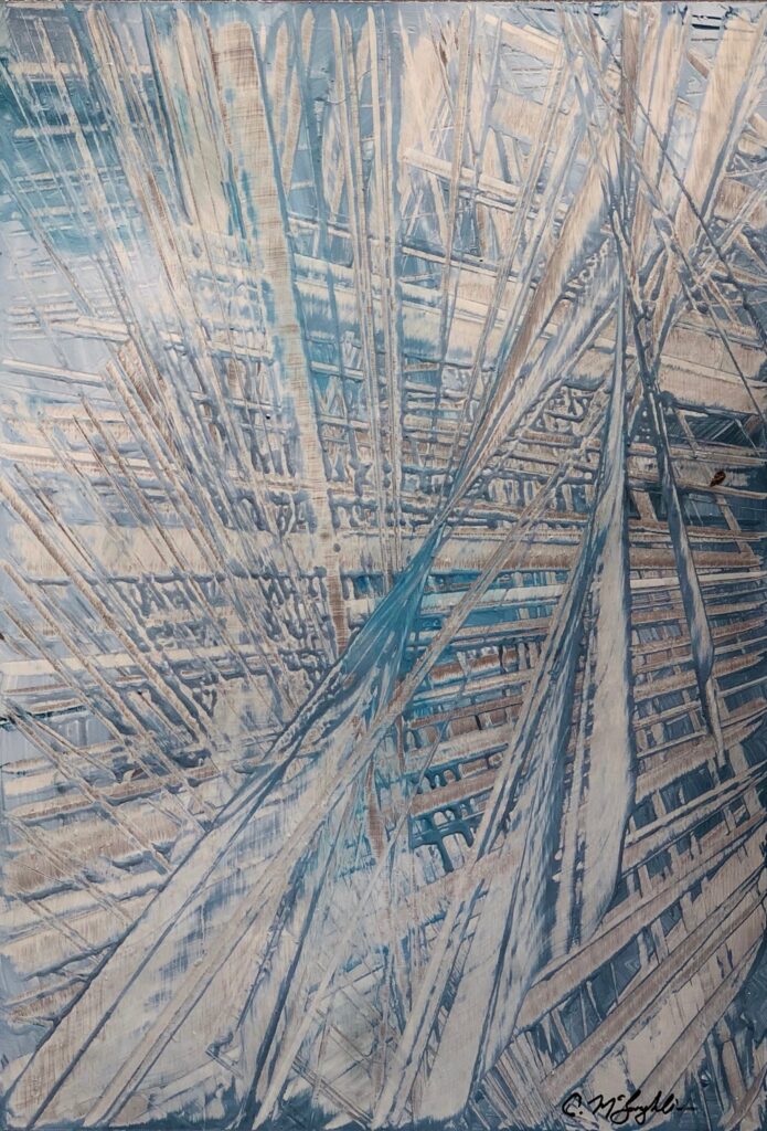 Abstract oil painting on metal in blue with exposed silver overlapping hashmarks creating space.