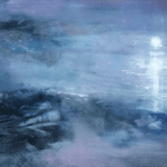 Oil on metal, low moon reflecting on the water with violet mist hovering over the indigo shore.