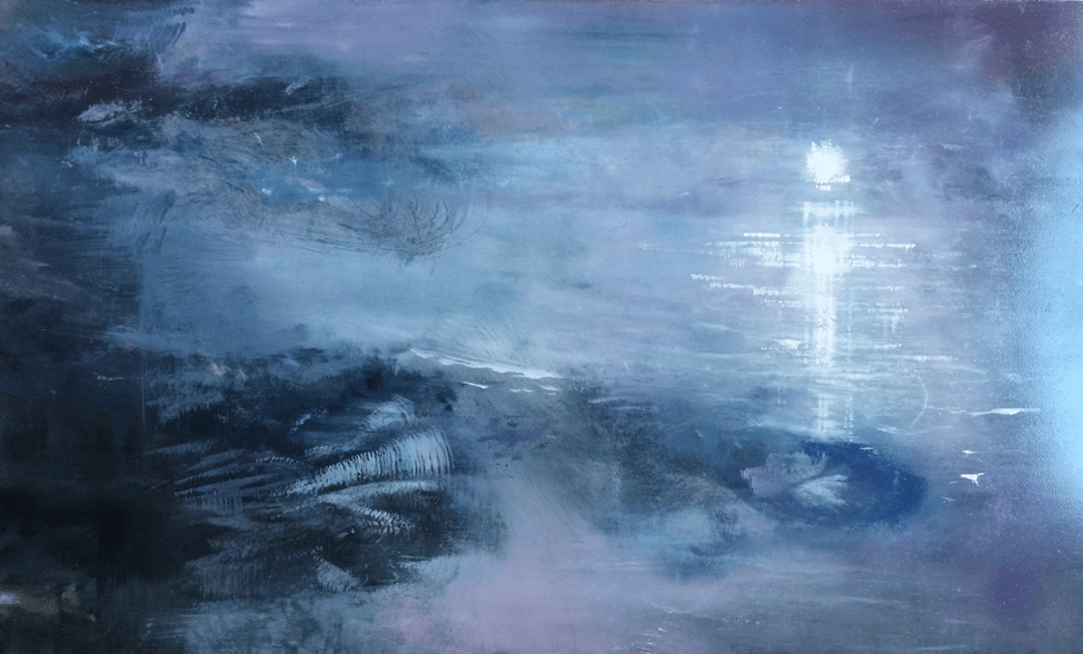 Oil on metal, low moon reflecting on the water with violet mist hovering over the indigo shore.