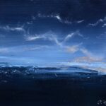 Oil on metal, indigo foreground with scraped mountains and clouds well after the sun has set.