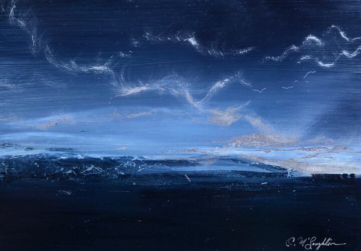 Oil on metal, indigo foreground with scraped mountains and clouds well after the sun has set.