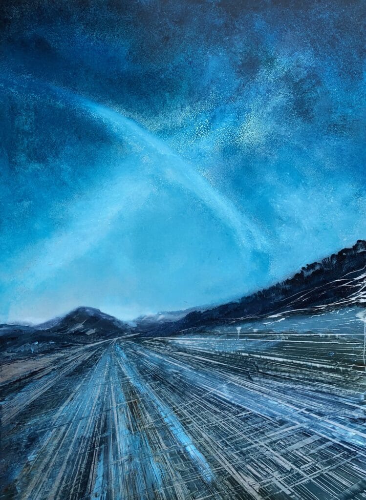 Oil on metal, deep blue sky over a tilted blue/grey road to infinity.