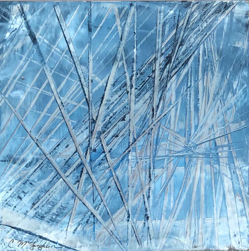 Abstract oil painting on metal in silver and blues.