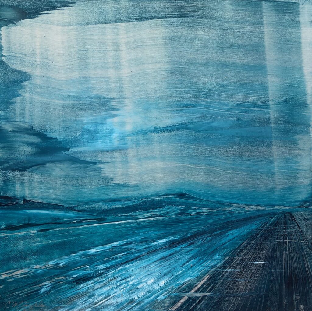 Oil painting of a teal wavy sky over a rigid road.