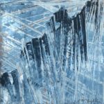 Abstract oil painting on metal in silver and blues.