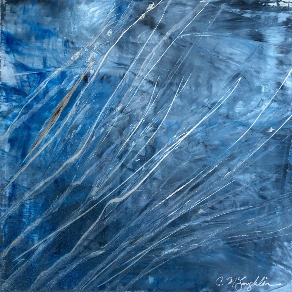 Original square abstract oil painting on metal in blues with silver scrapes reflecting light.