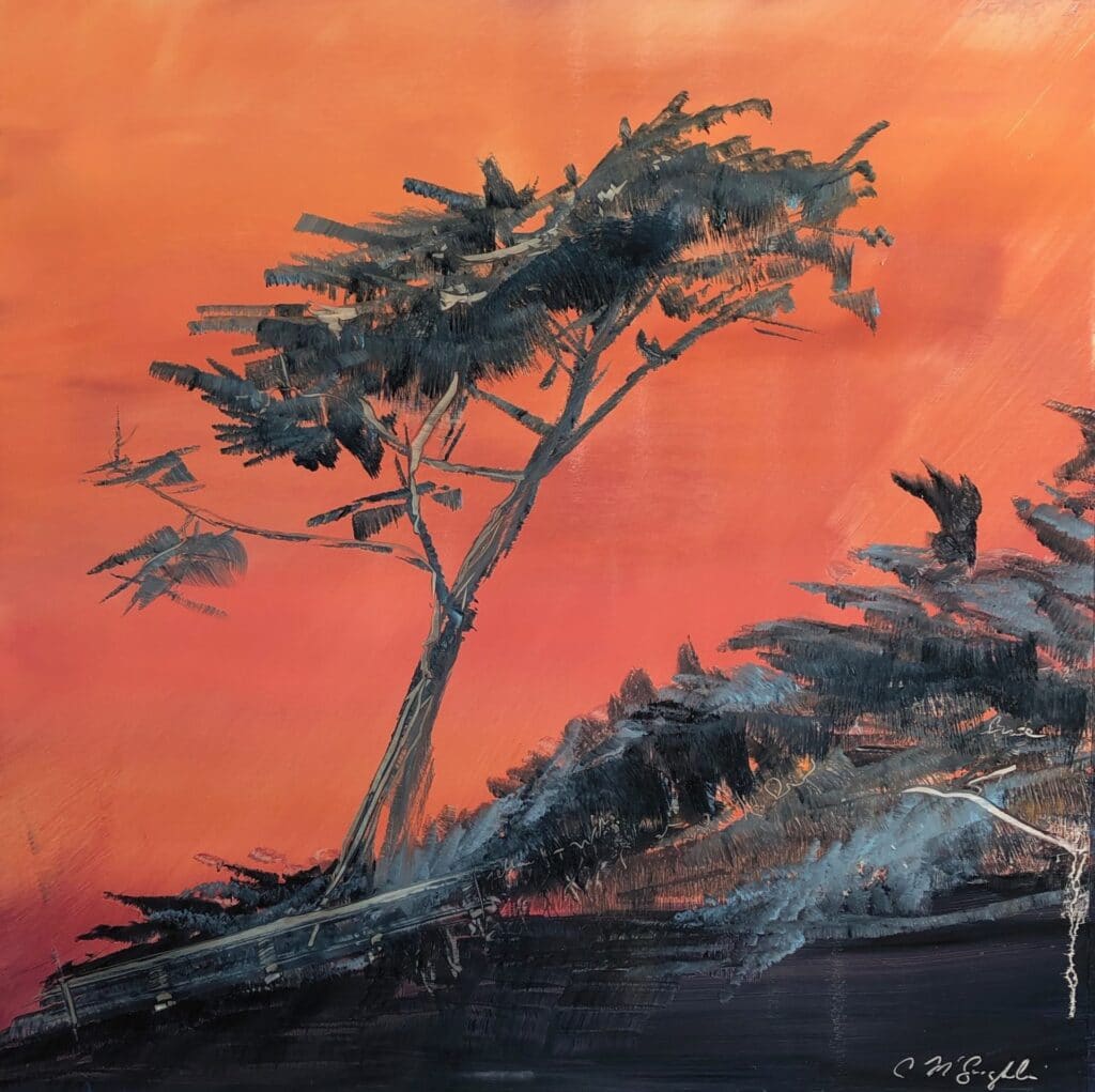 Wind blown evergreen with elongated trunk in silhouette against an orange sky on the beach in Carmel.