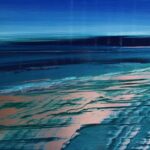 An original oil painting by Cynthia McLoughlin. Twilight blue sky over a deep blue ocean, soft waves ripple