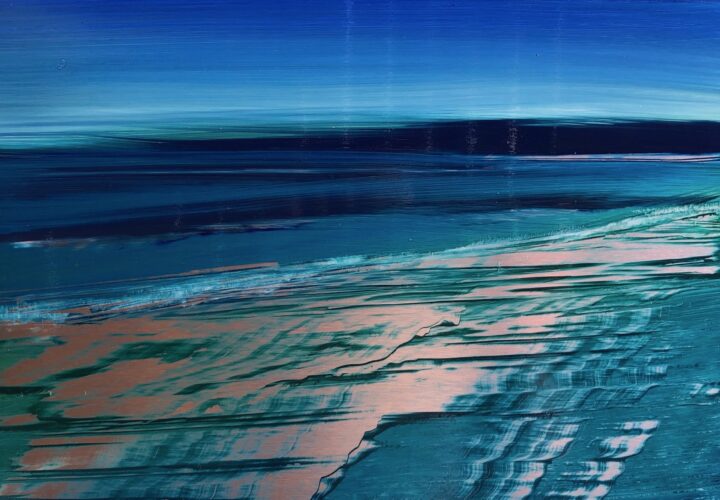 An original oil painting by Cynthia McLoughlin. Twilight blue sky over a deep blue ocean, soft waves ripple along the silvery, wet, reflective, beach.