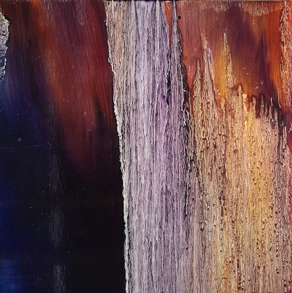 An original oil painting by Cynthia McLoughlin. Deep purple blends left to right with deep burgundy. Midway, vertical silver drips cascade top to bottom going gold as colors move right. Painted on a reflective, brushed aluminum panel.