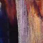 An original oil painting by Cynthia McLoughlin. Deep purple blends left to right with deep burgundy. Midway, vertical silver drips cascade top to bottom going gold as colors move right. Painted on a reflective, brushed aluminum panel.