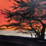 Original oil painting on metal by Cynthia McLoughlin, orange sky with the silhouette of Carmel's special pines, silver water shimmers on the horizon.