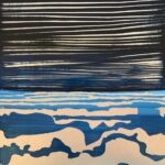 Original oil painting on metal by Cynthia McLoughlin, silver shapes in the foreground layer to the horizon in abstract shapes with a dark, striated sky.
