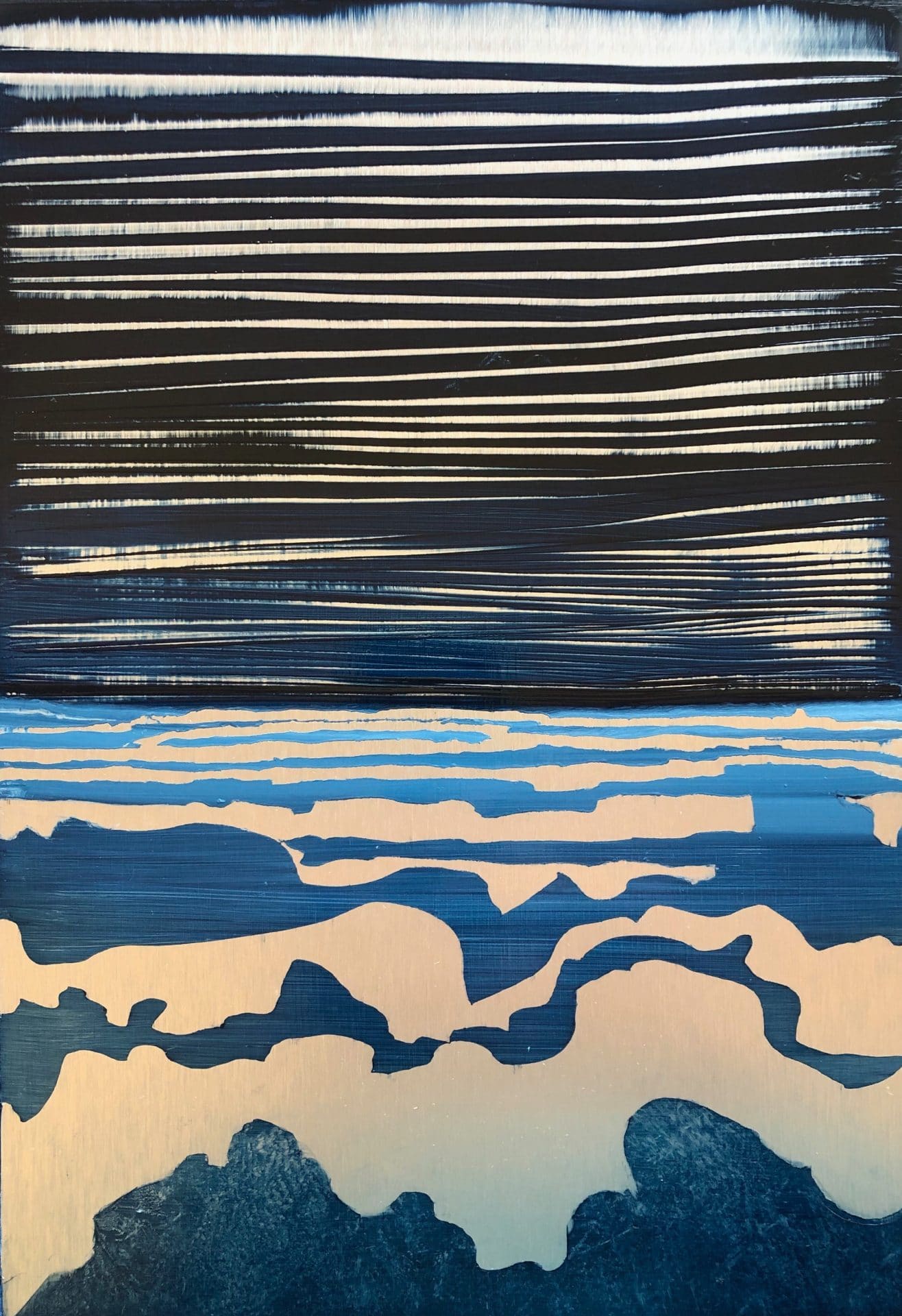 Original oil painting on metal by Cynthia McLoughlin, silver shapes in the foreground layer to the horizon in abstract shapes with a dark, striated sky.