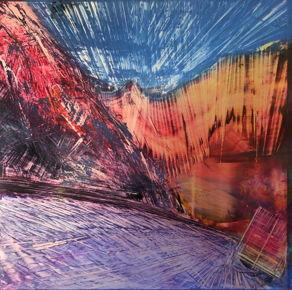 An original oil painting by Cynthia McLoughlin © 2019. Depicts a blue sky over a purple road winding through a red and amber abstract mountain pass.