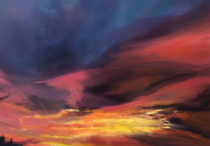 Oil on metal, painting by Cynthia McLoughlin of a rich sunset with purple, pink, orange and yellow sky.