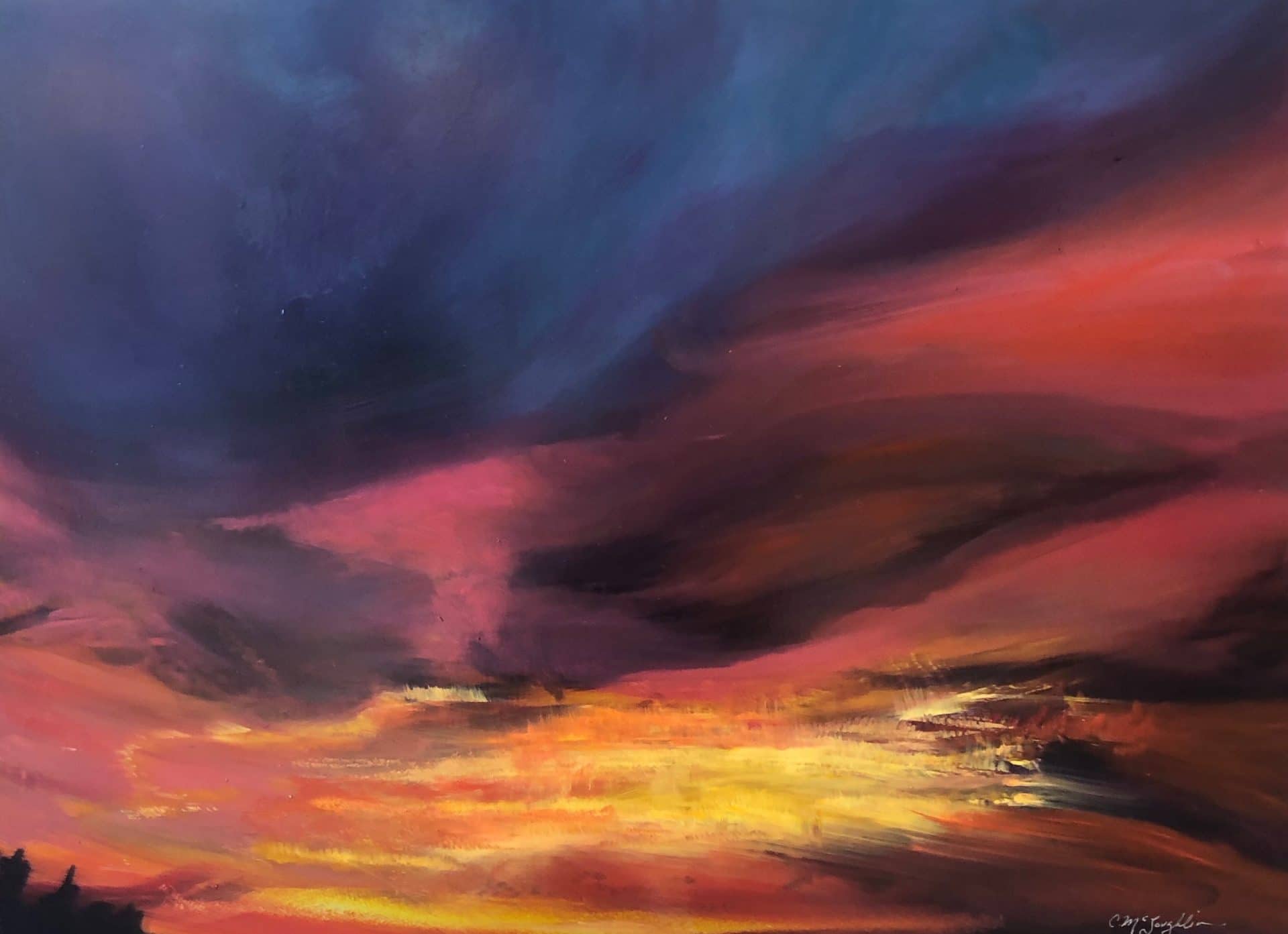 Oil on metal, painting by Cynthia McLoughlin of a rich sunset with purple, pink, orange and yellow sky.