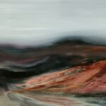 Abstract landscape painting with charred earth tones and a sweeping, blurred terrain.