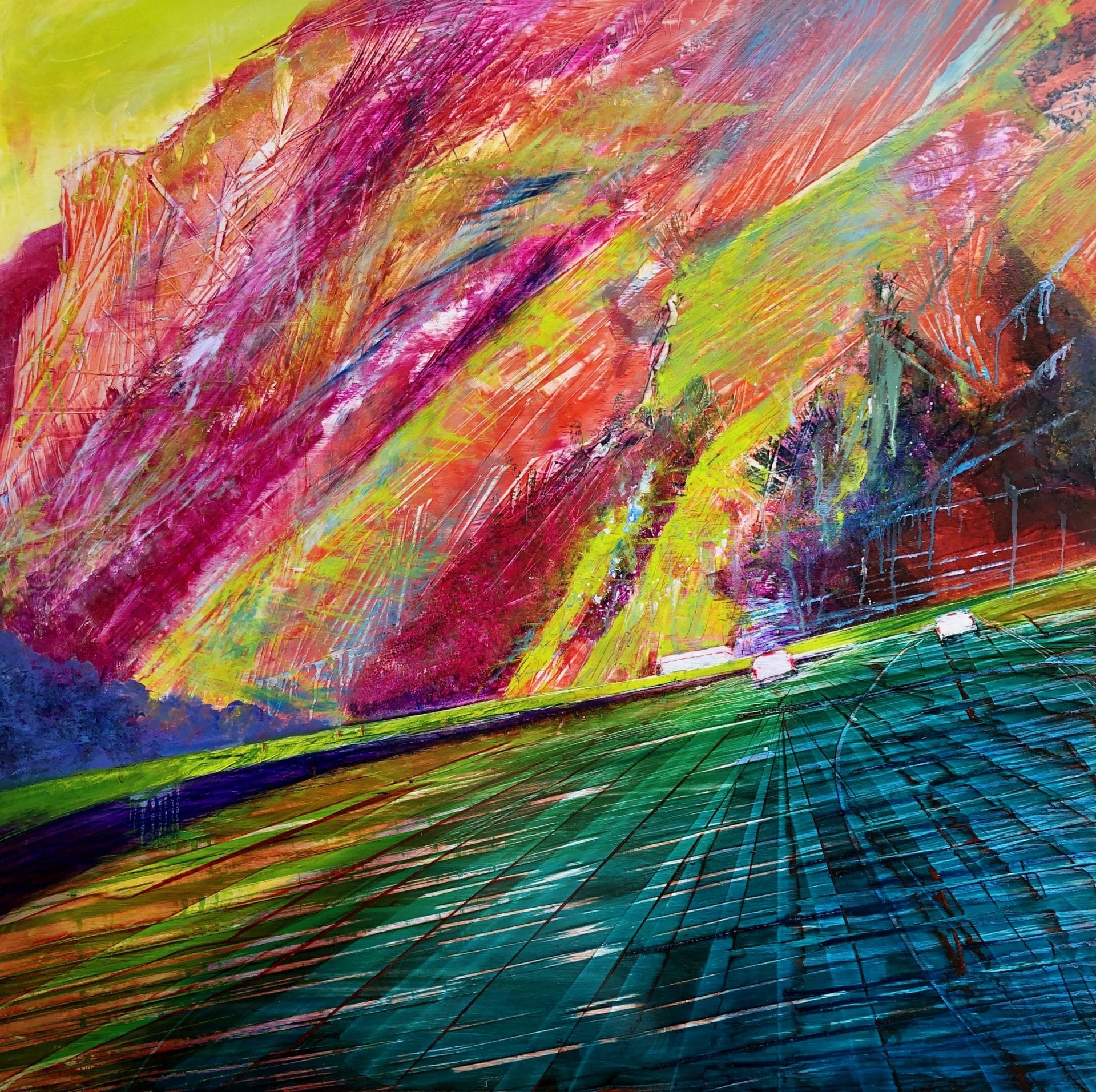 Landscape painting of a mountain pass and road in rainbow bright colors.