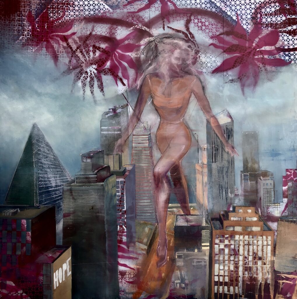 The ghostly siren Pestilence walks on to the island of Manhattan, surrounded by sky scrapers as she brings her spidery virus floating around her and seeping into the ground and buildings.