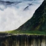 Landscape oil painting of an Icelandic mountain and fiords beyond.