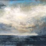 An original seascape oil painting on metal panel by artist Cynthia McLoughlin of a huge white storm cloud hovering over the horizon of the sea.