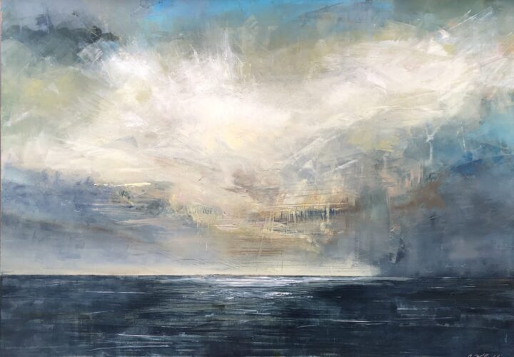 An original seascape oil painting on metal panel by artist Cynthia McLoughlin of a huge white storm cloud hovering over the horizon of the sea.