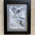Framed abstract oil painting on metal panel by Cynthia McLoughlin in white and blue/gray.