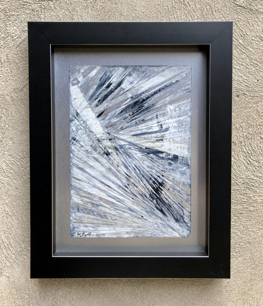 Framed abstract oil painting on metal panel by Cynthia McLoughlin in white and blue/gray.