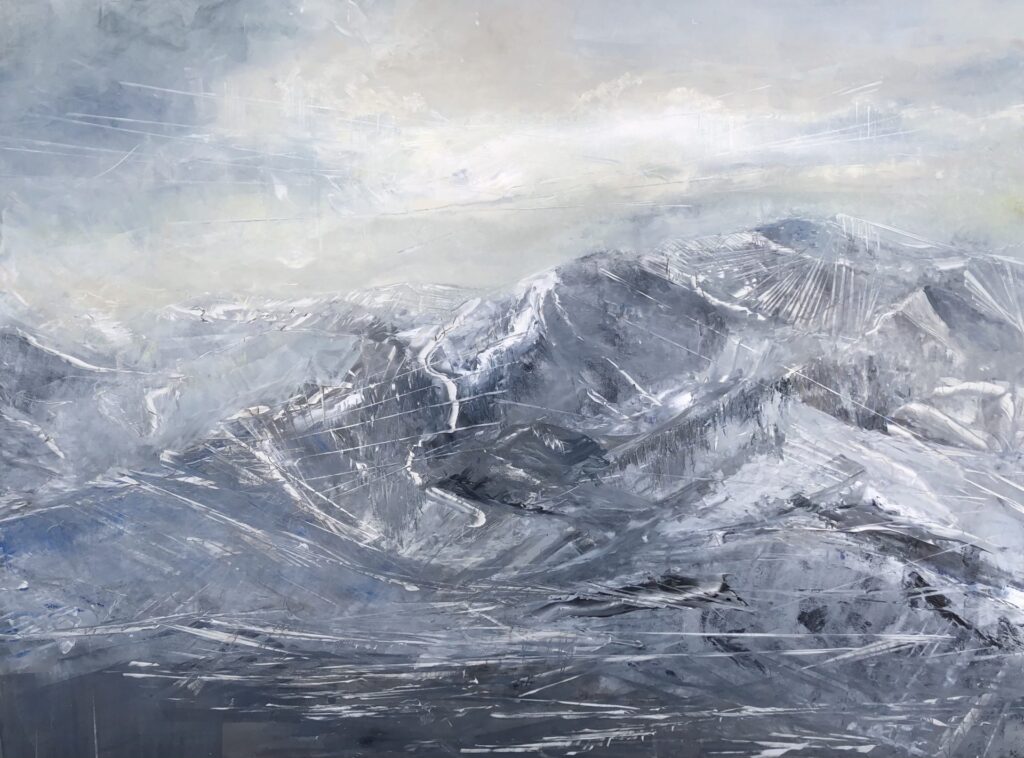 Elevation Dream in an original, contemporary mountain oil painting that depicts the back side of the Wasatch Mountain Range in Park City, Utah.