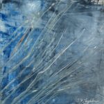 An original abstract oil painting on metal panel by artist Cynthia McLoughlin. Icy blues and grays are slashed with silver skate marks across the surface of this abstract painting.